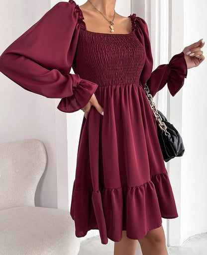 TAMEYA Long Sleeve Mini Dress for Women, Casual Smocked Fall Dresses, Square Neck Ruffle Hem A-Line Short Babydoll Dress