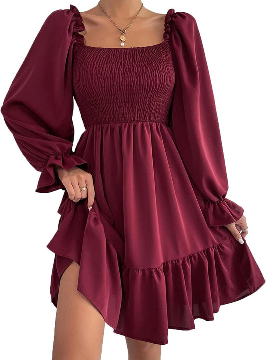 TAMEYA Long Sleeve Mini Dress for Women, Casual Smocked Fall Dresses, Square Neck Ruffle Hem A-Line Short Babydoll Dress