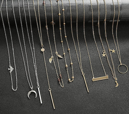 TAMHOO 20 PCS Multiple DIY Layered Choker Necklace for Women with Sexy Coin Moon Star Multilayer Choker Chain Y Necklaces Set Adjustable Gold Silver Bar Pendant Y Necklace for Teens Girls Women