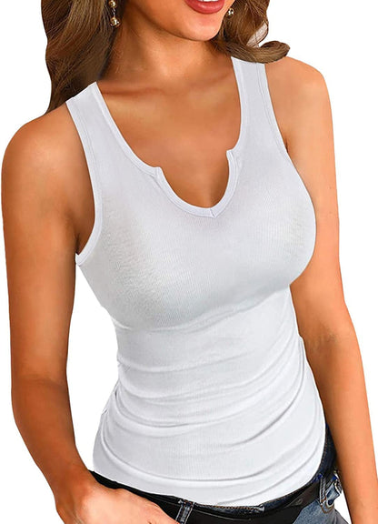 Tank Tops for Women Summer Sleeveless V Neck Fitted Top Slim Ribbed Racerback Basic Cami Shirt Tanks V-white / Large