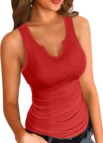 Tank Tops for Women Summer Sleeveless V Neck Fitted Top Slim Ribbed Racerback Basic Cami Shirt Tanks V-red / Large