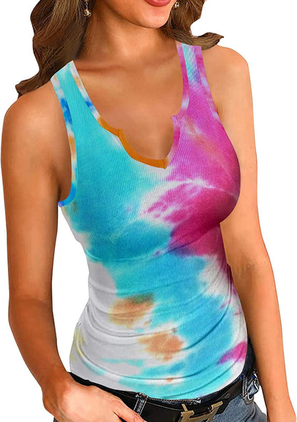 Tank Tops for Women Summer Sleeveless V Neck Fitted Top Slim Ribbed Racerback Basic Cami Shirt Tanks V-tiedye / Large