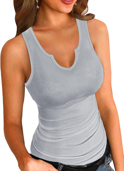 Tank Tops for Women Summer Sleeveless V Neck Fitted Top Slim Ribbed Racerback Basic Cami Shirt Tanks V-grey / Large