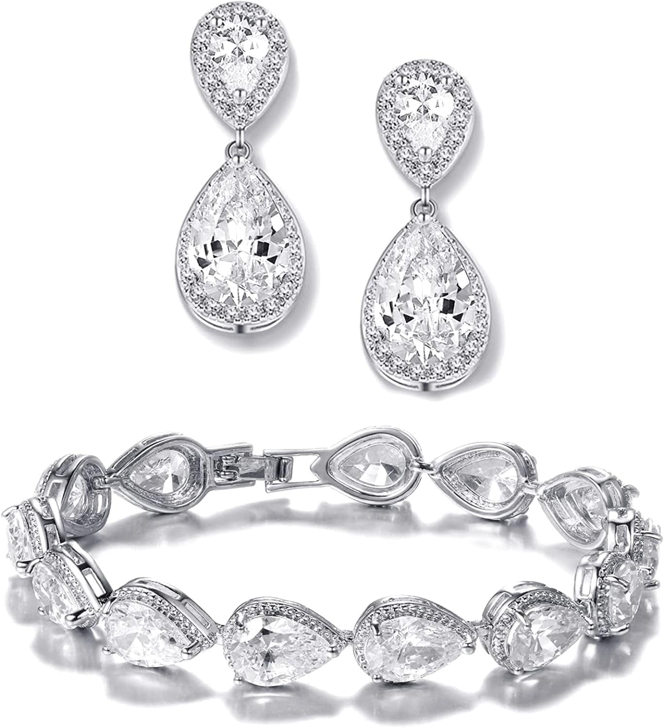 Teardrop Dangle Earrings Bracelet Bridesmaid Jewelry Set Bridal Wedding Party Prom Gifts White Gold