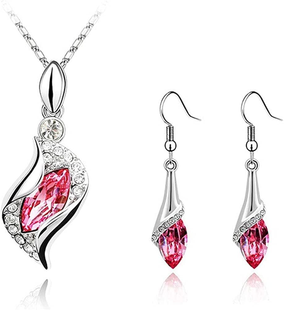 Teardrop Jewelry Set Crystal Fashion Earrings Pendant Necklace with Box Package Pink