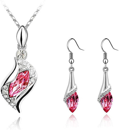 Teardrop Jewelry Set Crystal Fashion Earrings Pendant Necklace with Box Package Pink