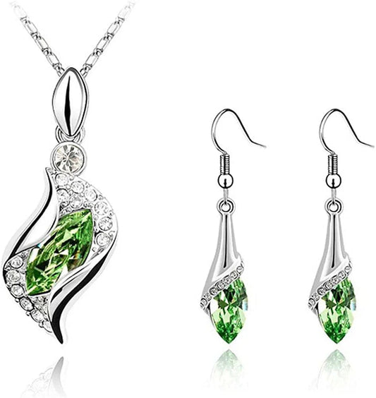 Teardrop Jewelry Set Crystal Fashion Earrings Pendant Necklace with Box Package Green