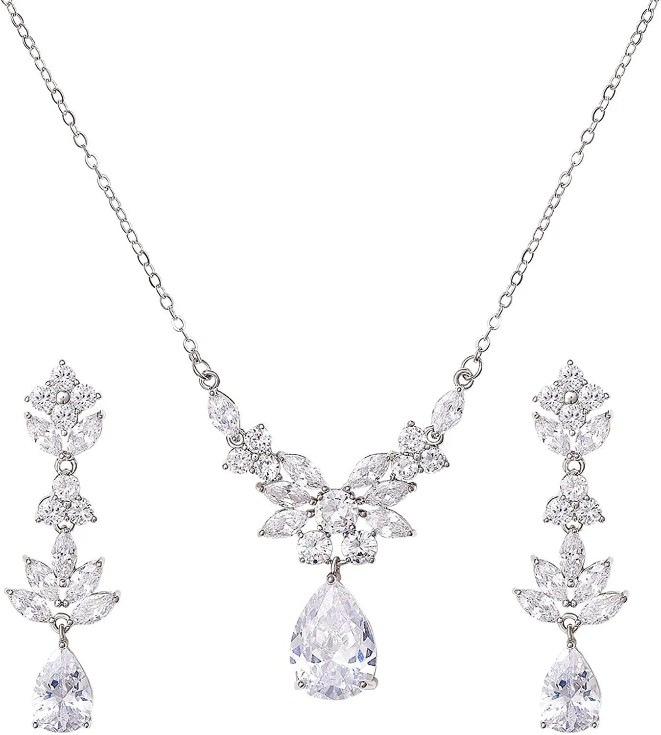 Teardrop Wedding Bridal Jewelry Set for Brides Women Bridesmaid, Crystal Rhinestone Backdrop Necklace Earring Sets for Prom 02.Silver