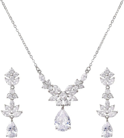 Teardrop Wedding Bridal Jewelry Set for Brides Women Bridesmaid, Crystal Rhinestone Backdrop Necklace Earring Sets for Prom 02.Silver