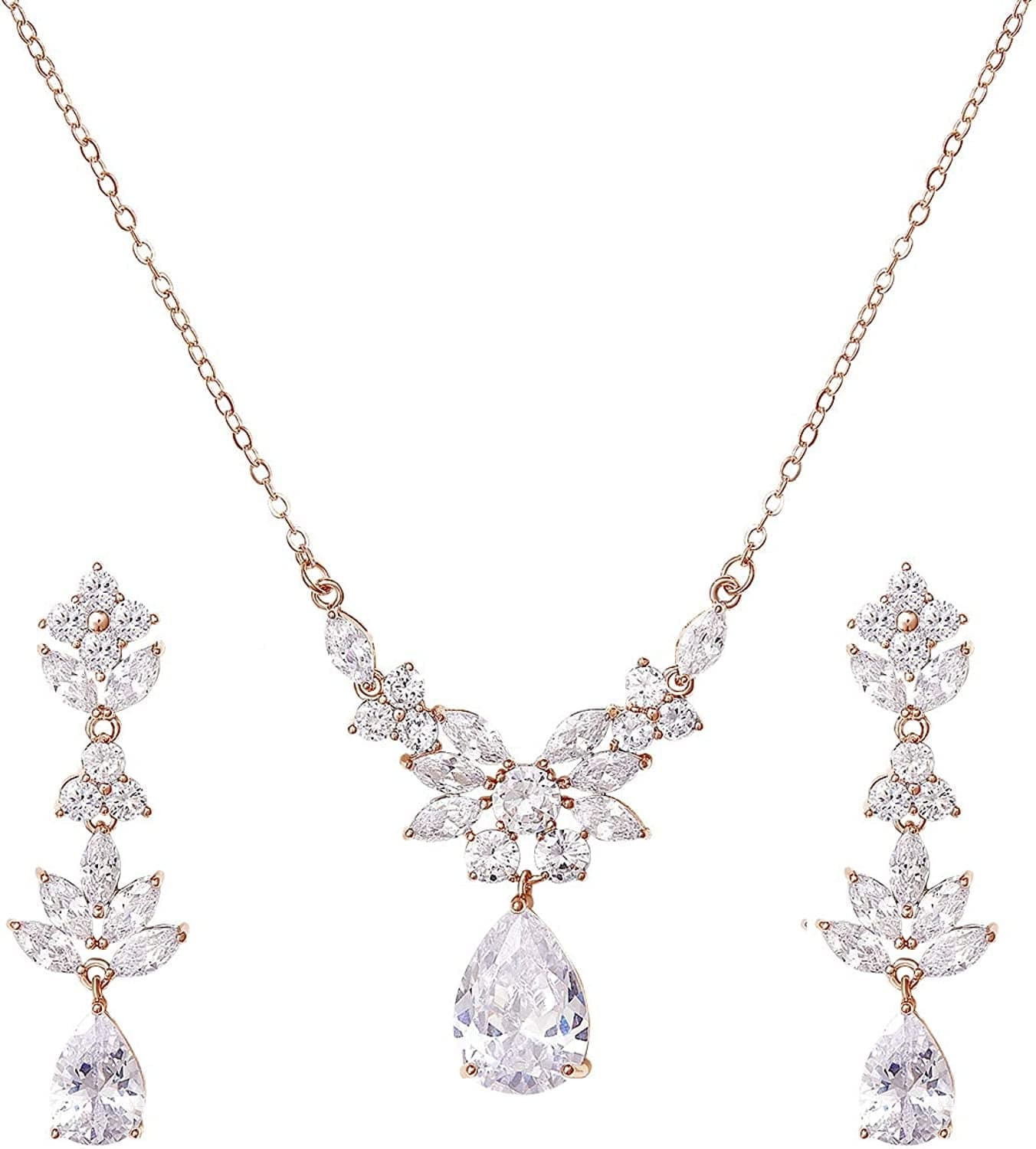 Teardrop Wedding Bridal Jewelry Set for Brides Women Bridesmaid, Crystal Rhinestone Backdrop Necklace Earring Sets for Prom 04.Rose Gold