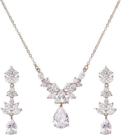 Teardrop Wedding Bridal Jewelry Set for Brides Women Bridesmaid, Crystal Rhinestone Backdrop Necklace Earring Sets for Prom 04.Rose Gold