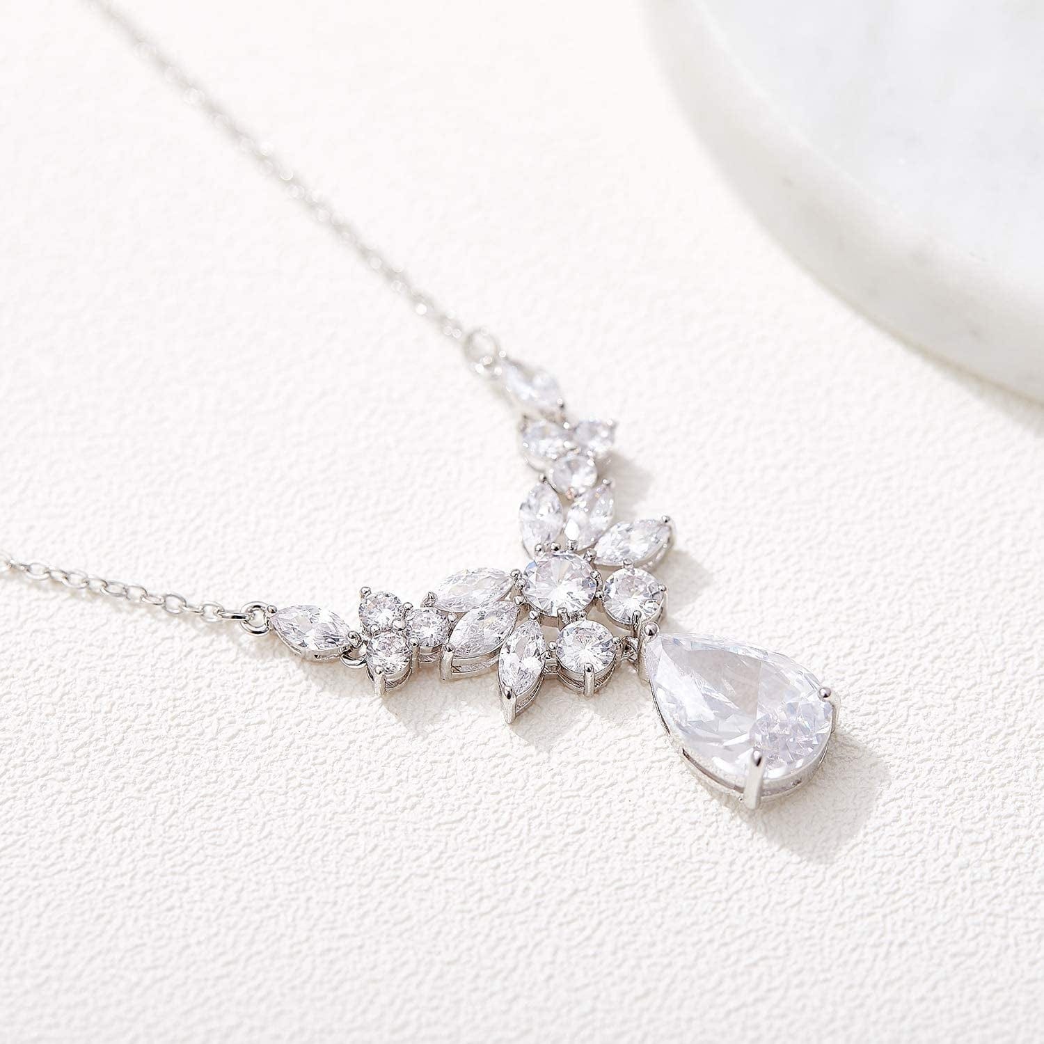 Teardrop Wedding Bridal Jewelry Set for Brides Women Bridesmaid, Crystal Rhinestone Backdrop Necklace Earring Sets for Prom