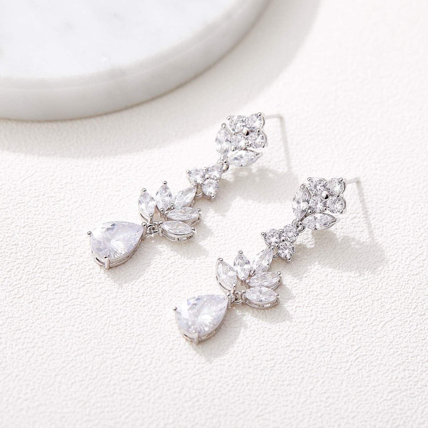 Teardrop Wedding Bridal Jewelry Set for Brides Women Bridesmaid, Crystal Rhinestone Backdrop Necklace Earring Sets for Prom