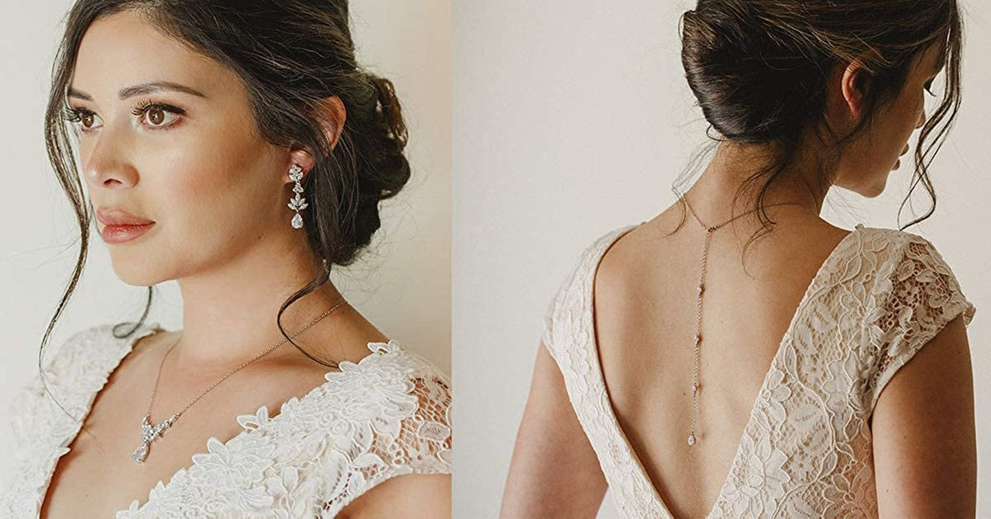 Teardrop Wedding Bridal Jewelry Set for Brides Women Bridesmaid, Crystal Rhinestone Backdrop Necklace Earring Sets for Prom