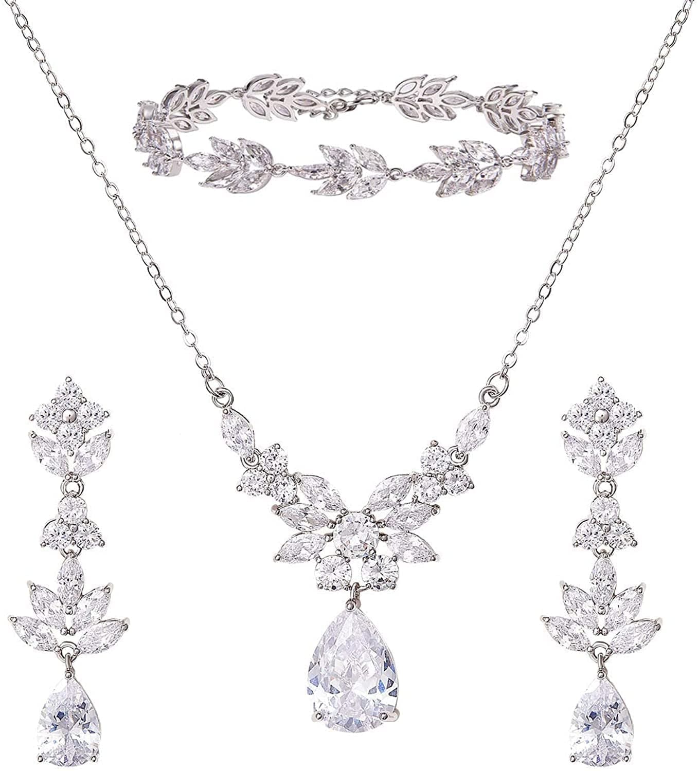 Teardrop Wedding Bridal Jewelry Set for Brides Women Bridesmaid, Crystal Rhinestone Backdrop Necklace Earring Sets for Prom 01.Silver