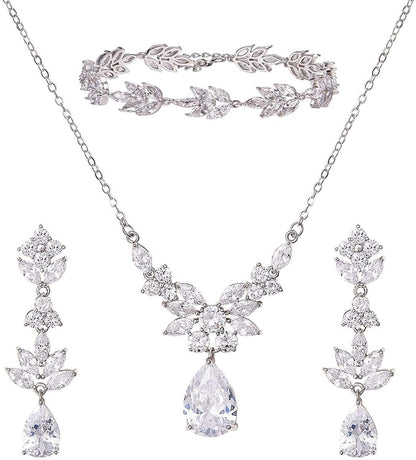 Teardrop Wedding Bridal Jewelry Set for Brides Women Bridesmaid, Crystal Rhinestone Backdrop Necklace Earring Sets for Prom 01.Silver