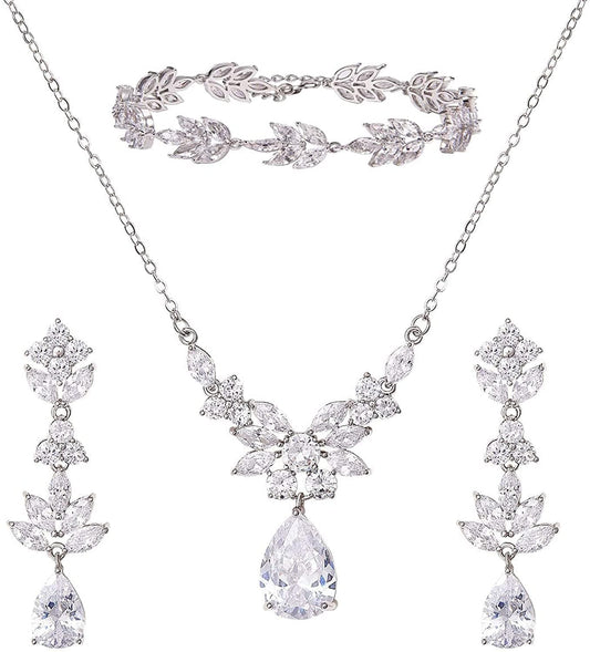 Teardrop Wedding Bridal Jewelry Set for Brides Women Bridesmaid, Crystal Rhinestone Backdrop Necklace Earring Sets for Prom 01.Silver