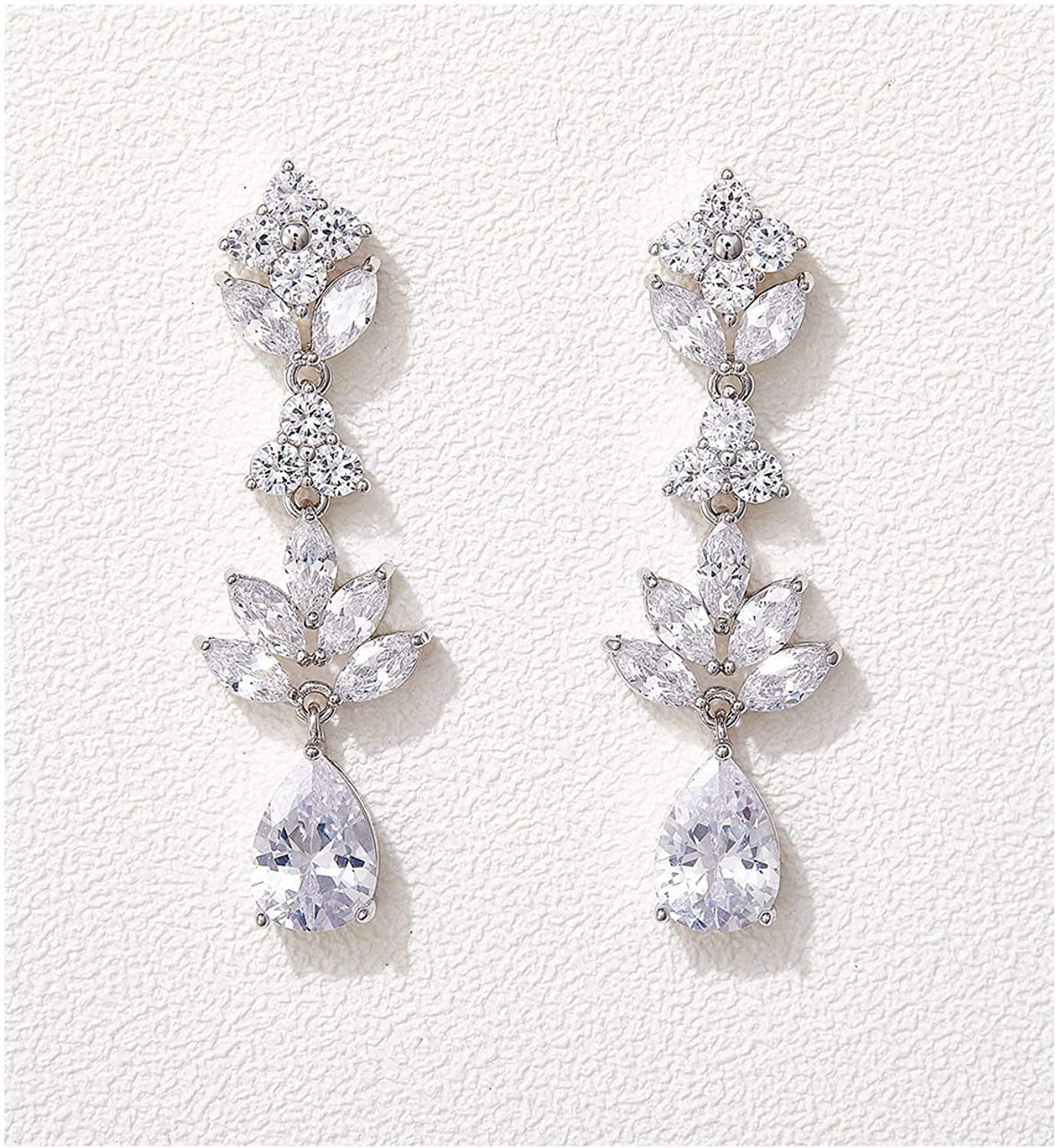 Teardrop Wedding Earrings for Brides Birdesmaid, Crystal Cubic Zirconia Bridal Drop Earrings for Women Prom Silver