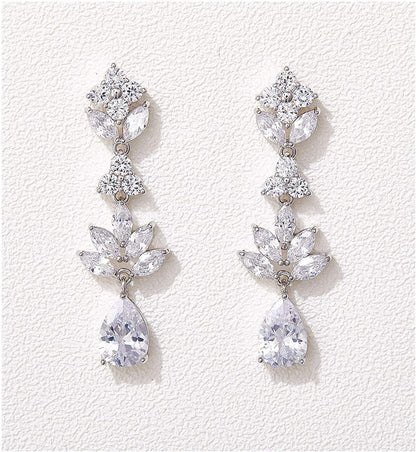 Teardrop Wedding Earrings for Brides Birdesmaid, Crystal Cubic Zirconia Bridal Drop Earrings for Women Prom Silver