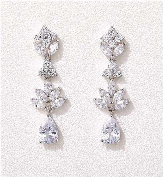 Teardrop Wedding Earrings for Brides Birdesmaid, Crystal Cubic Zirconia Bridal Drop Earrings for Women Prom Silver