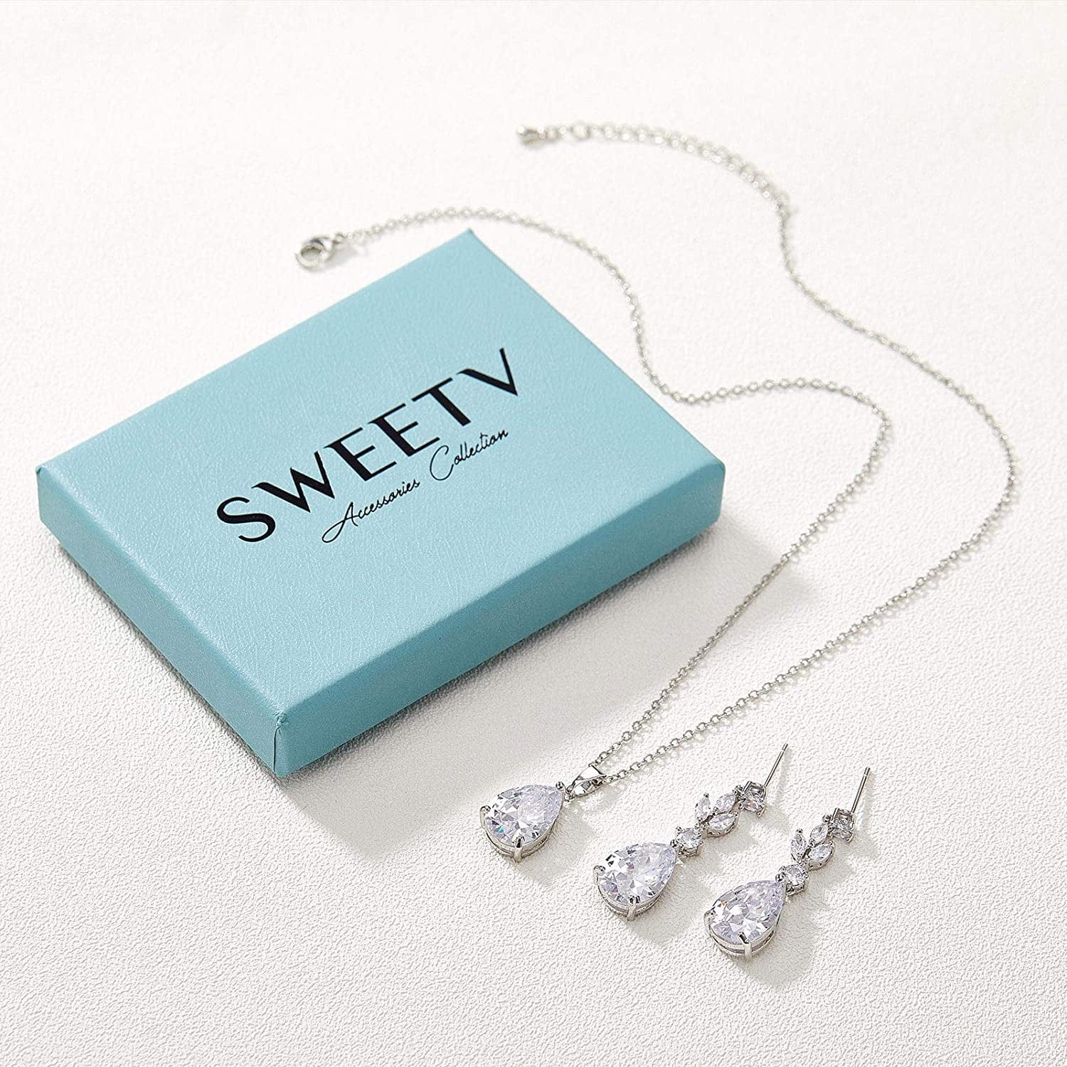 Teardrop Wedding Jewelry Sets for Women Brides Bridesmaids, Crystal Bridal Necklace Drop Earrings Set,Prom Costume Bridal Wedding Jewelry