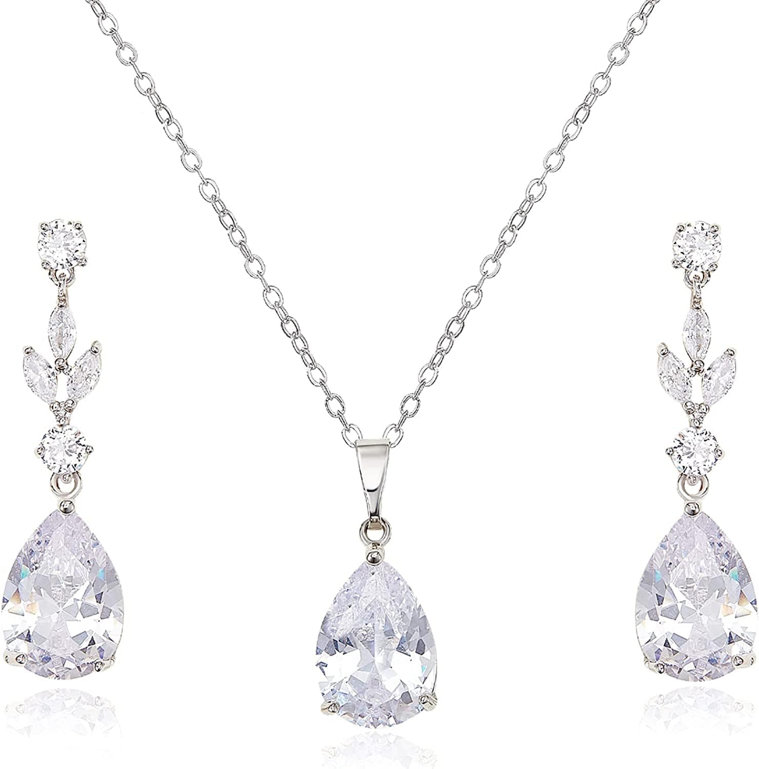 Teardrop Wedding Jewelry Sets for Women Brides Bridesmaids, Crystal Bridal Necklace Drop Earrings Set,Prom Costume Bridal Wedding Jewelry Silver