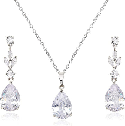 Teardrop Wedding Jewelry Sets for Women Brides Bridesmaids, Crystal Bridal Necklace Drop Earrings Set,Prom Costume Bridal Wedding Jewelry Silver