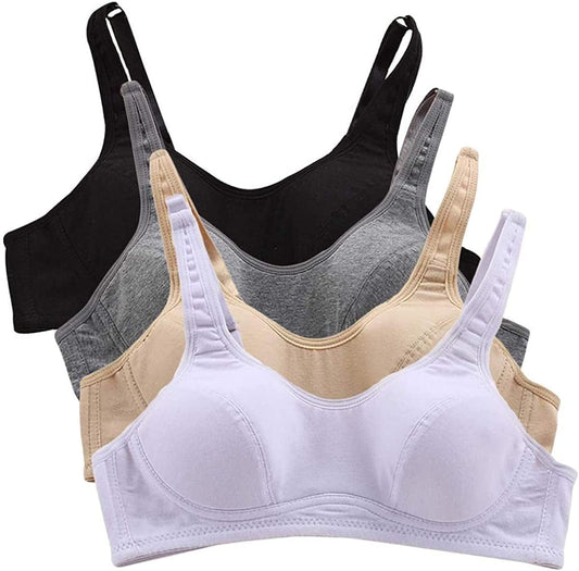 Teens Girls Cotton Bras Wire Free Lightly Padded Sports Training Bras 4pcs / 14-16