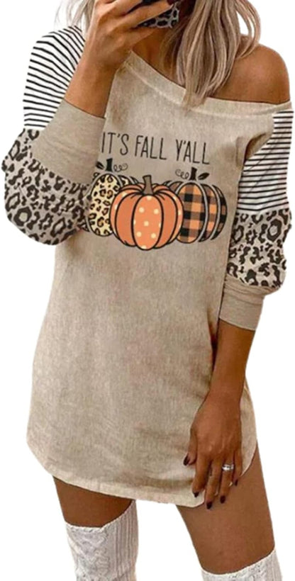 Thanksgiving It'S Fall Y'All Leopard Plaid Pumpkin Ruffled Mini Dress Casual Long Sleeve Funny Print Women Dress Light Khaki / Medium