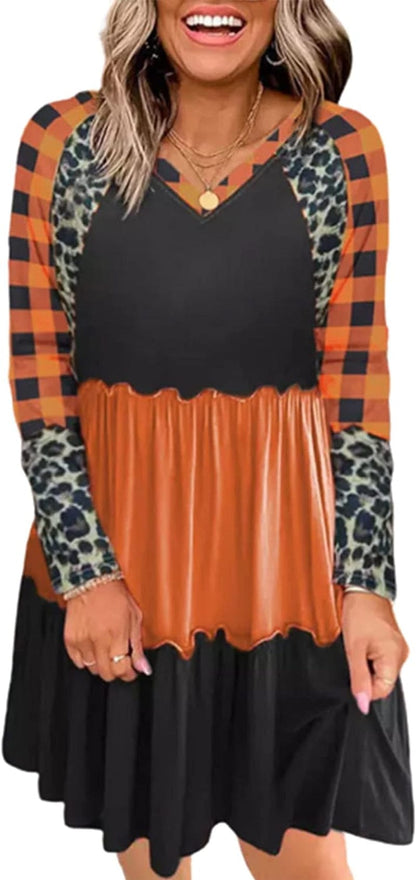 Thanksgiving It'S Fall Y'All Leopard Plaid Pumpkin Ruffled Mini Dress Casual Long Sleeve Funny Print Women Dress Orange / Small