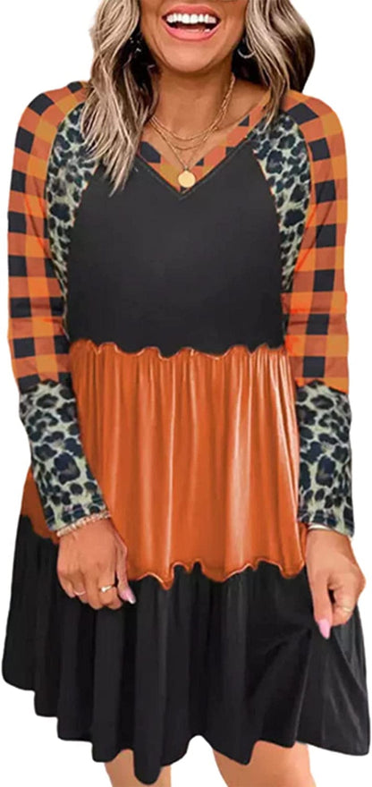 Thanksgiving It'S Fall Y'All Leopard Plaid Pumpkin Ruffled Mini Dress Casual Long Sleeve Funny Print Women Dress Orange / Large