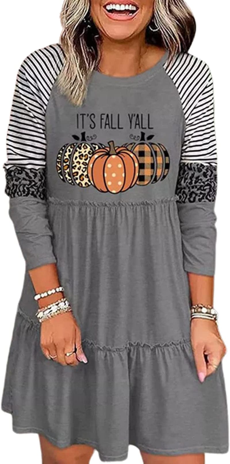 Thanksgiving It'S Fall Y'All Leopard Plaid Pumpkin Ruffled Mini Dress Casual Long Sleeve Funny Print Women Dress Gray / Large