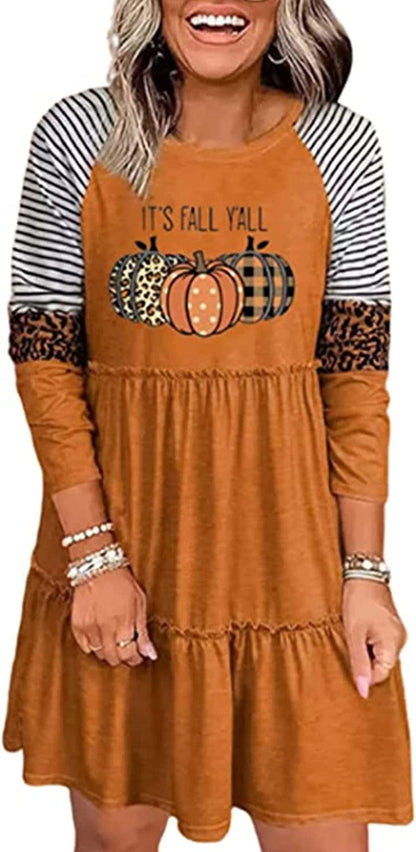 Thanksgiving It'S Fall Y'All Leopard Plaid Pumpkin Ruffled Mini Dress Casual Long Sleeve Funny Print Women Dress Brown / Large