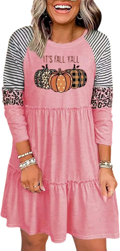 Thanksgiving It'S Fall Y'All Leopard Plaid Pumpkin Ruffled Mini Dress Casual Long Sleeve Funny Print Women Dress Pink / Medium