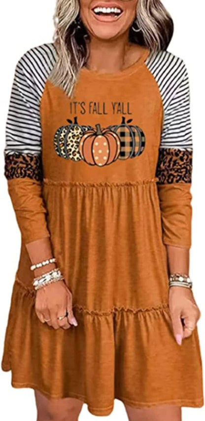 Thanksgiving It'S Fall Y'All Leopard Plaid Pumpkin Ruffled Mini Dress Casual Long Sleeve Funny Print Women Dress Brown / X-Large