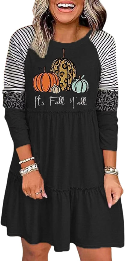 Thanksgiving It'S Fall Y'All Leopard Plaid Pumpkin Ruffled Mini Dress Casual Long Sleeve Funny Print Women Dress Black / Large