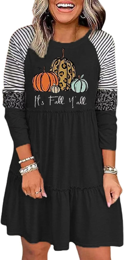 Thanksgiving It'S Fall Y'All Leopard Plaid Pumpkin Ruffled Mini Dress Casual Long Sleeve Funny Print Women Dress Black / Medium