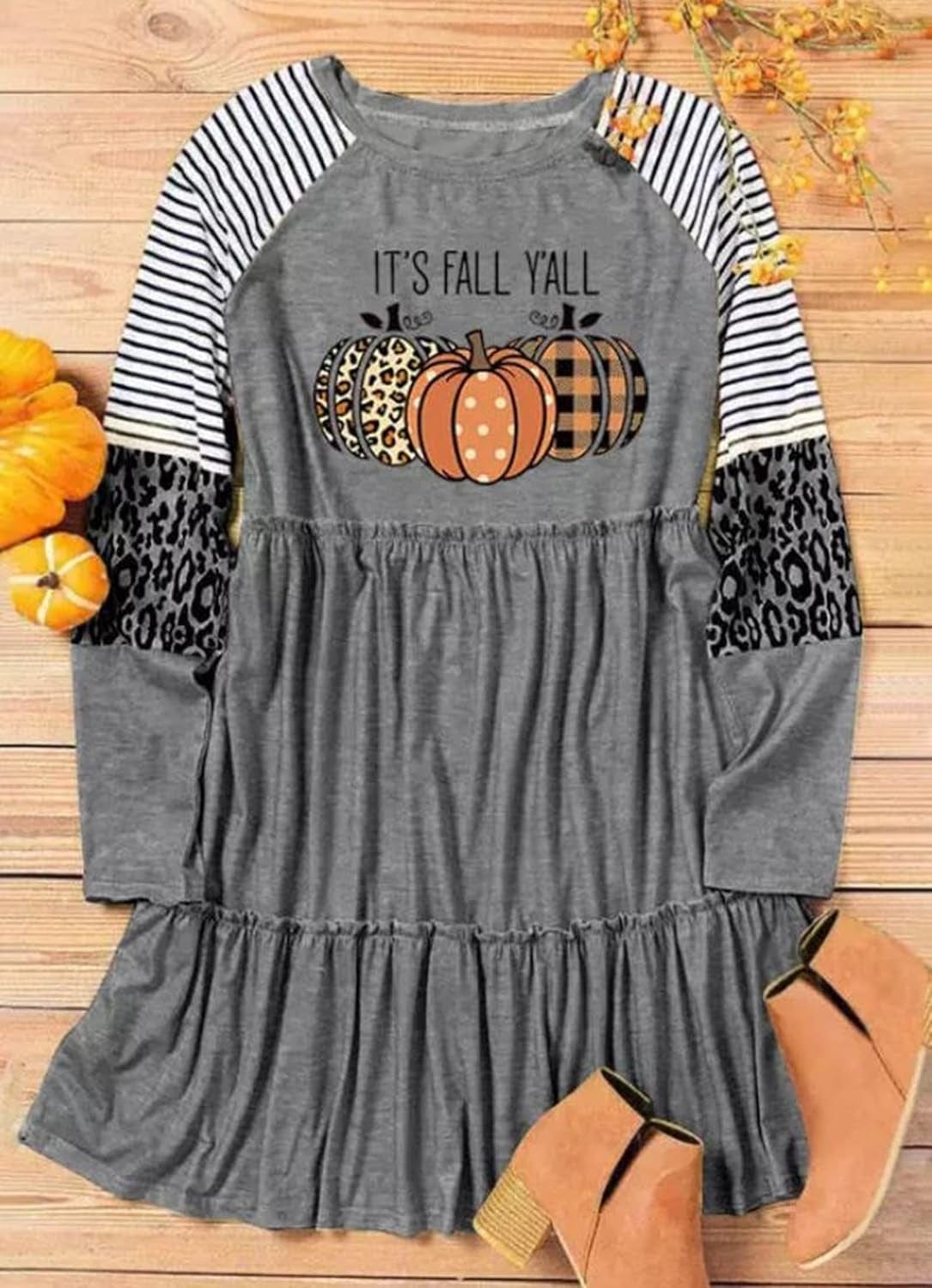 Thanksgiving It'S Fall Y'All Leopard Plaid Pumpkin Ruffled Mini Dress Casual Long Sleeve Funny Print Women Dress