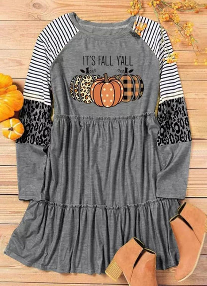 Thanksgiving It'S Fall Y'All Leopard Plaid Pumpkin Ruffled Mini Dress Casual Long Sleeve Funny Print Women Dress