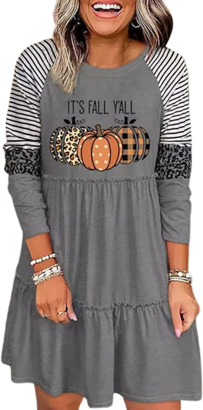 Thanksgiving It'S Fall Y'All Leopard Plaid Pumpkin Ruffled Mini Dress Casual Long Sleeve Funny Print Women Dress