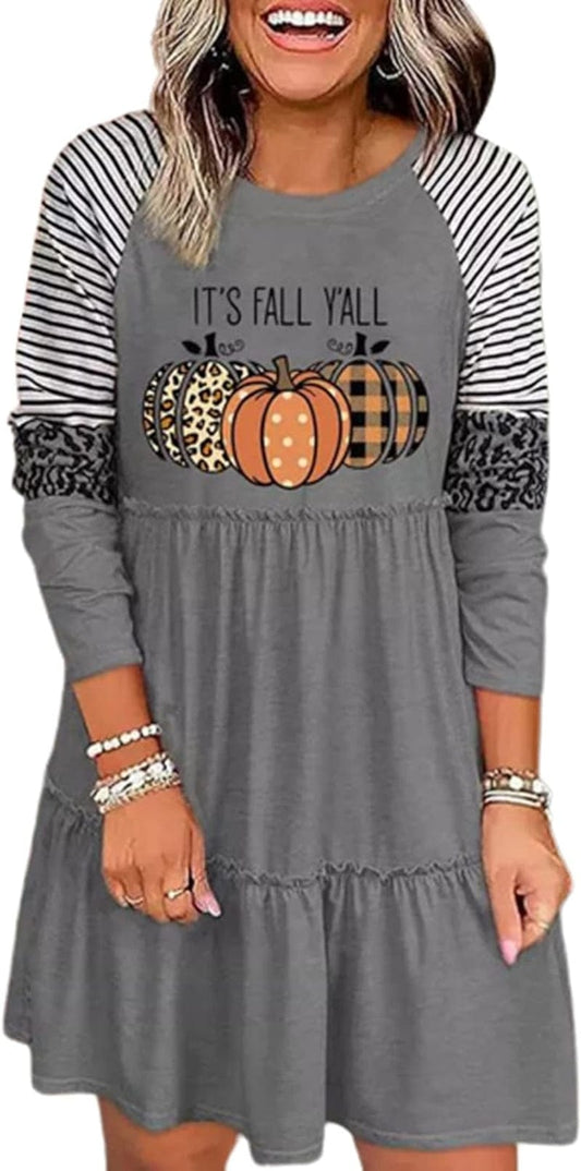 Thanksgiving It'S Fall Y'All Leopard Plaid Pumpkin Ruffled Mini Dress Casual Long Sleeve Funny Print Women Dress