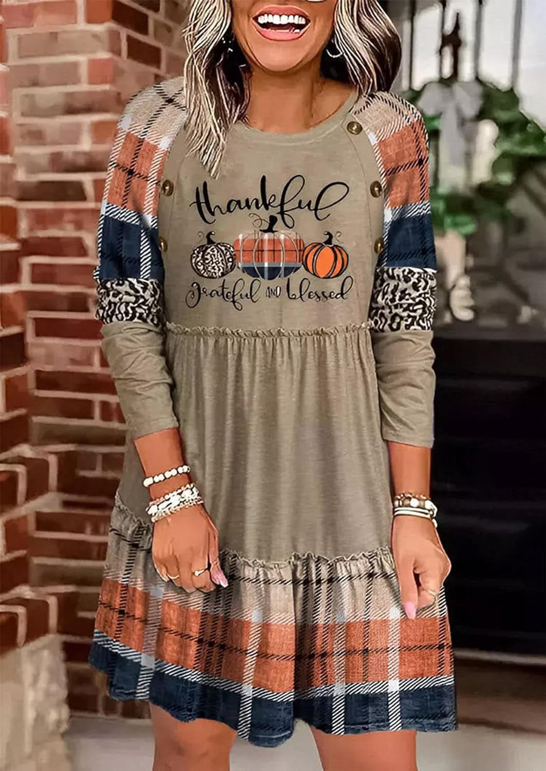 Thanksgiving Thankful Grateful and Blessed Leopard Plaid Pumpkin Ruffled Long Sleeve Mini Dress for Women