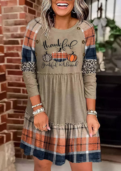 Thanksgiving Thankful Grateful and Blessed Leopard Plaid Pumpkin Ruffled Long Sleeve Mini Dress for Women