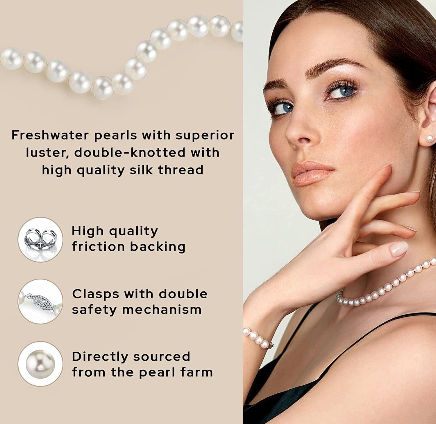 THE PEARL SOURCE Sterling Silver Pearl Jewelry Set for Women - Freshwater Pearl Necklace and Earring Set with Pearl Bracelet | Genuine Cultured Pearls, 6.5-10.0Mm