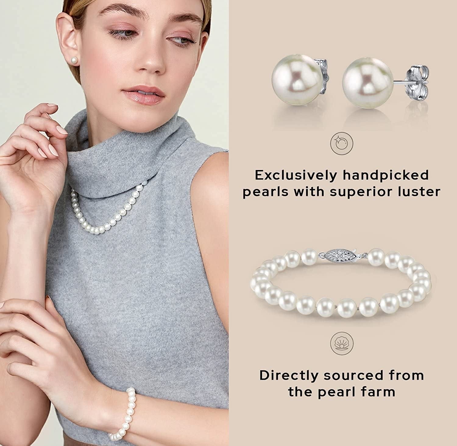 THE PEARL SOURCE Sterling Silver Pearl Jewelry Set for Women - Freshwater Pearl Necklace and Earring Set with Pearl Bracelet | Genuine Cultured Pearls, 6.5-10.0Mm