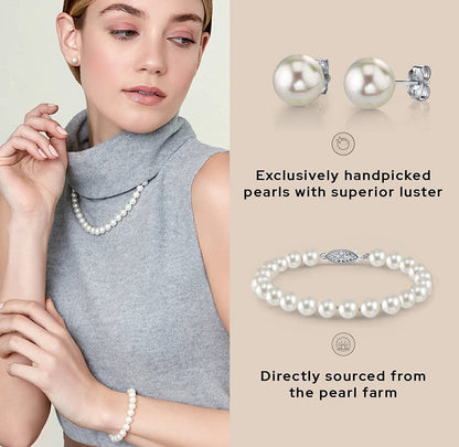 THE PEARL SOURCE Sterling Silver Pearl Jewelry Set for Women - Freshwater Pearl Necklace and Earring Set with Pearl Bracelet | Genuine Cultured Pearls, 6.5-10.0Mm