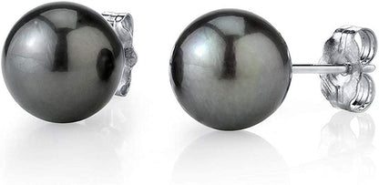 THE PEARL SOURCE Tahitian Real Pearl Earrings for Women - Black 14K Gold Stud Earrings | Hypoallergenic Earrings with Genuine Cultured Pearls, 8.0Mm-12.0Mm 9.0mm / White Gold