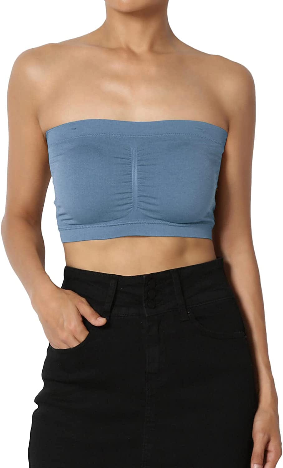 Themogan Women & plus Seamless Removable Pad Bandeau Strapless Tube Bra Top Titanium / 1X-2X