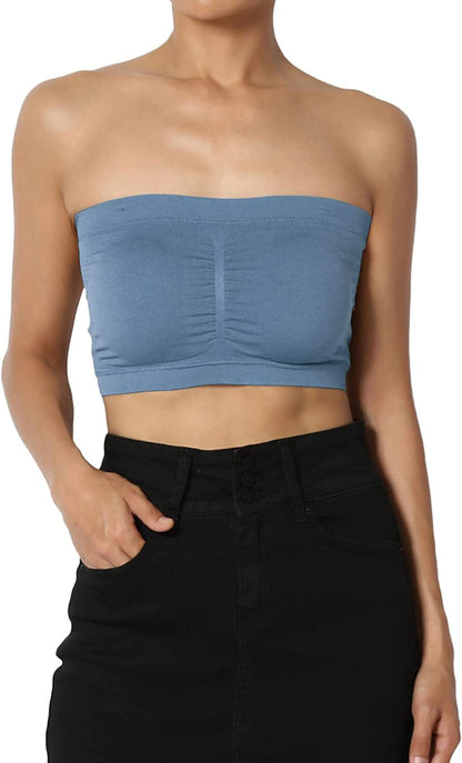 Themogan Women & plus Seamless Removable Pad Bandeau Strapless Tube Bra Top Titanium / 1X-2X