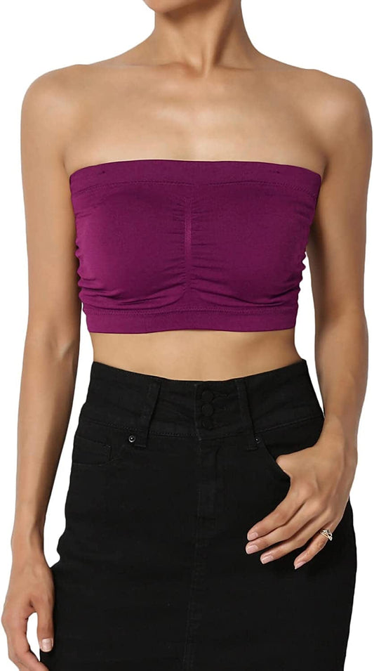 Themogan Women & plus Seamless Removable Pad Bandeau Strapless Tube Bra Top Plum / One Size